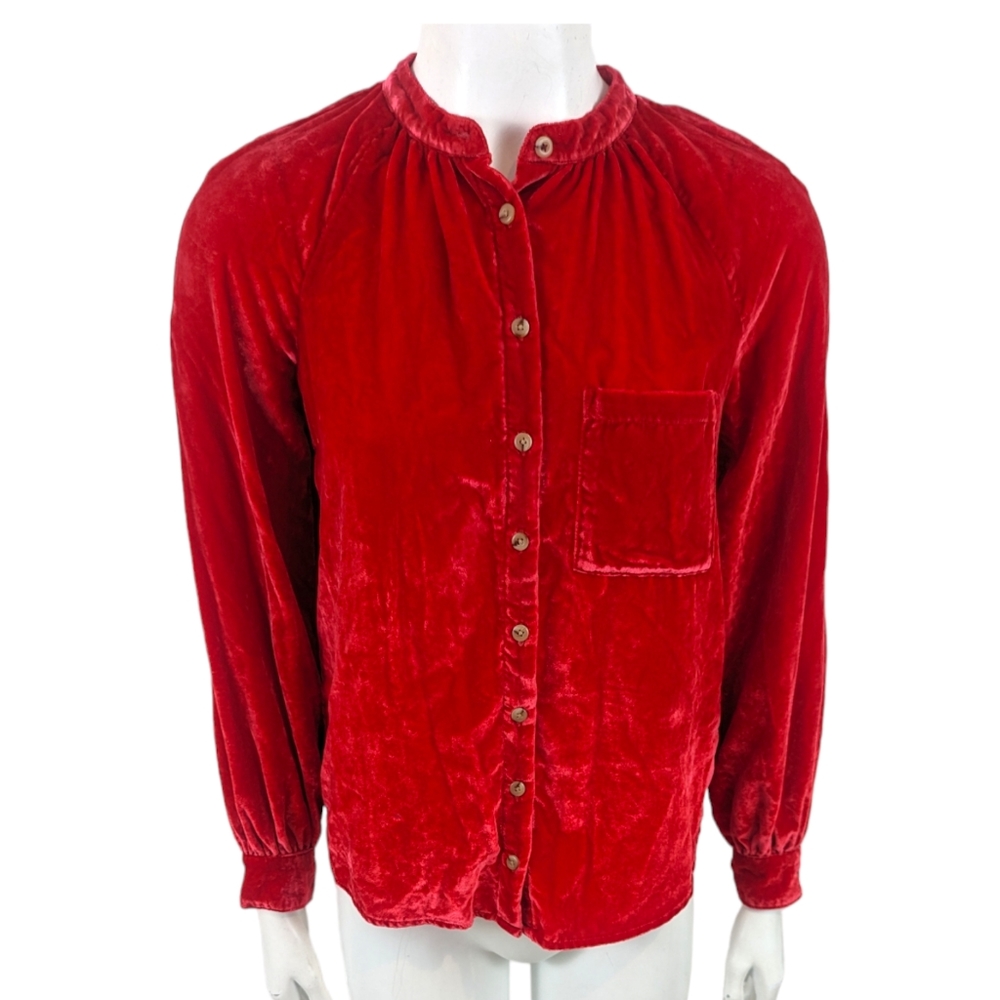 Anthropologie Pilcro Velvet Button Down Puffy Sleeve Shirt Blouse Womens XS Red - Picture 3 of 14
